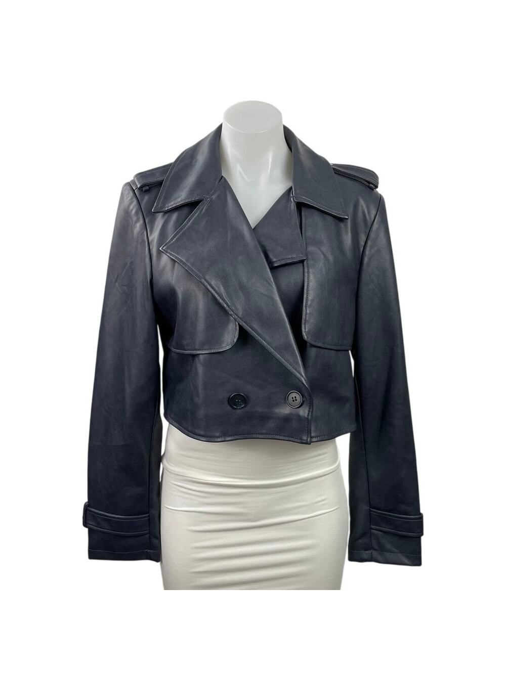 7 For All Mankind Black Faux Leather Vegan Cropped Biker Moto Coat Jacket Size M